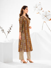 LarQi Women's Printed Pure Cotton 3-Piece Kurta Set – Round Neck