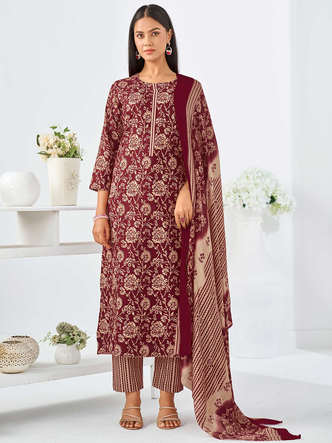 Larqi Women Pure Cotton Maroon 3 Pcs Set