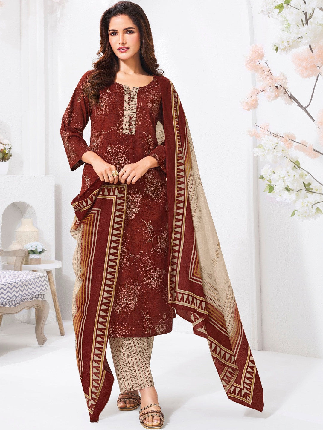 Larqi Women Pure Cotton Maroon 3 Pcs Set